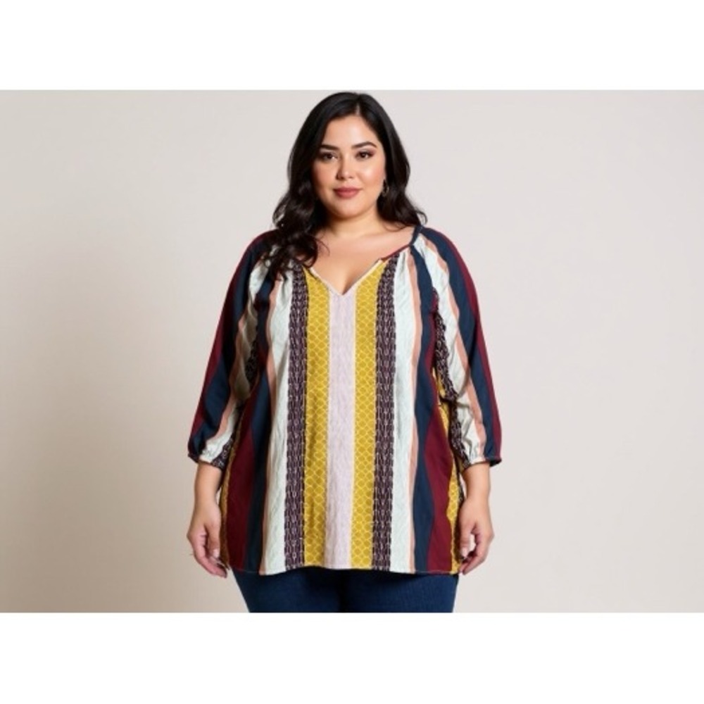 Lane Bryant Plus Size Multicolor Striped V-Neck 3/4 Sleeve Boho Tunic Top‎ 22/24